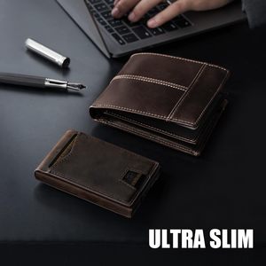 Bi Fold Vertical <b>Metal</b> Card Holder <b>Wallet</b> For Men Genuine Leather Coffee Brown Flip Top Business Style Everyday Use - Product Image 4