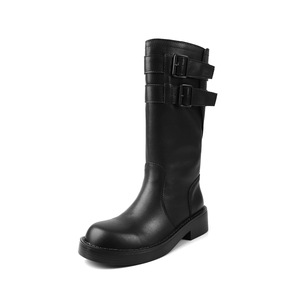 Bottines mi-mollet pour femmes, style moto vintage noir, couleur unie, talon épais, double boucle - Product Image 5