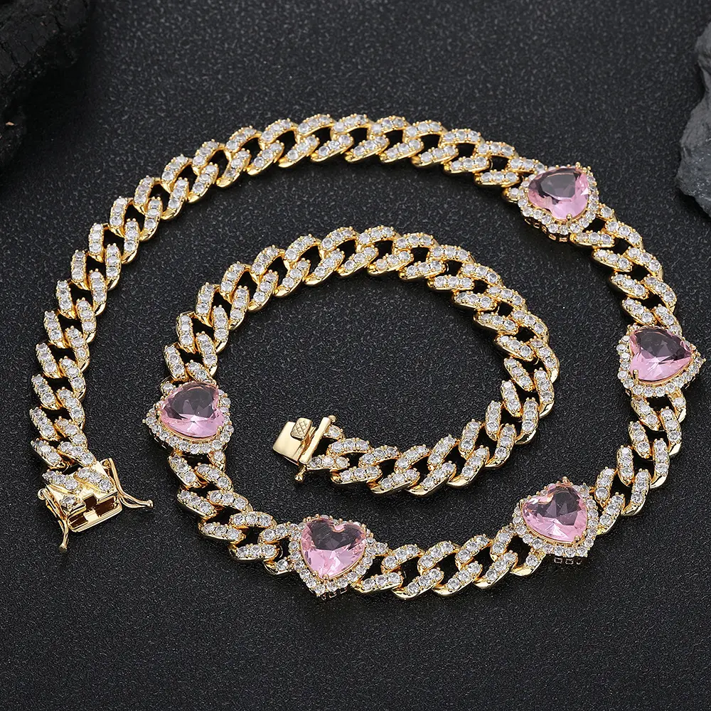Kalung rantai Kuba hati 9mm mode baru kalung perhiasan rantai Bling Ice Out kristal merah muda untuk wanita