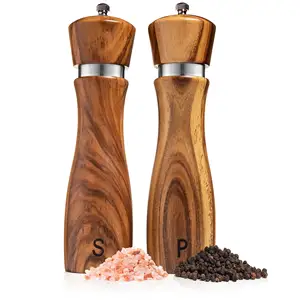 Kitchen gadgets wooden salt box container mill grinder set salt and pepper shaker set acacia wood spice salt pepper mill grinder