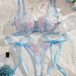 Women's Floral Embroidery Sheer Mesh Bra and Tie Side Thong <b>Set</b> Underwire Lace Lingerie <b>Set</b> French Style <b>Sexy</b> Underwear <b>Set</b> - Product Image 3