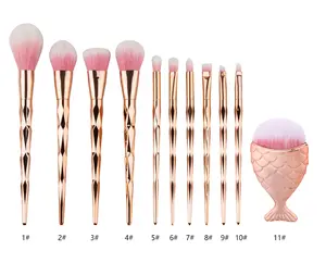 2021 yihuale Professional makeup brush 11pcs threaded mermaid makeup brush kit portable pink makeup brush