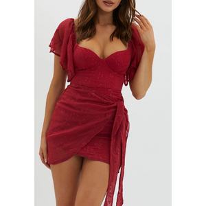 Robe mini décontractée populaire à manches courtes, col halter, design sans bretelles, dos nu, sexy, avec poitrine enveloppée, pour les vacances - Product Image 3