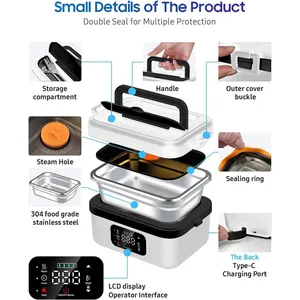 Chauffe-plat électrique portable sans fil, boîte à lunch, <span class=keywords><strong>batterie</strong></span> USB 8000 mAh, chauffage rapide 60 W, 6 niveaux de température, capacité 1 L, pour la maison et la voiture - Product Image 4