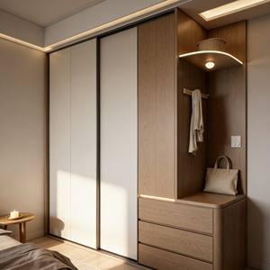 Trendy Modern Light Wood Sliding-Door Wardrobe <b>Bedroom</b> Closet With Integrated <b>Storage</b> Nook & Warm LED Accent Lighting - Product Image 1