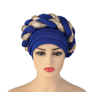 Venta caliente azul cielo mujeres Sego Gele Headtie African Head Wraps elegante Aso Oke Headtie lentejuelas listas para usar turbantes nigerianos - Product Image 6