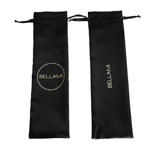 Custom Brand Logo 13x45cm Black Satin Drawstring Pouches For Packaging Hair bundles Bags