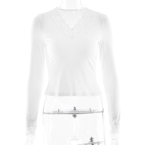Women's Lace Trim V Neck <b>Long</b> <b>Sleeve</b> Slim Fit Top Solid Color Breathable Autumn <b>Base</b> <b>Layer</b> T Shirt - Product Image 5