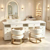 Table de manucure double poste avec aspirateur intégré, bureau à ongles LED avec 2 chaises, plateau en marbre blanc, table de manucure de luxe pour salon