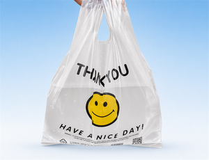 <span class=keywords><strong>Sac</strong></span> gilet en plastique recyclable <span class=keywords><strong>bleu</strong></span> avec impression de précision 'Thank You Have A Nice Day' pour l'emballage de courses, la vente au détail et les plats à emporter, avec poignée de transport - Product Image 4