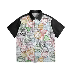 2024 Customized Men's Full Print Contrasting Color Patchwork Shirt American Loose Casual Short Sleeved Shirt