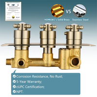 Kit de robinetterie thermostatique à 3 voies en laiton massif doré brossé, avec finition contemporaine, jet de pluie et 3 poignées