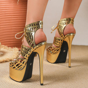Sandales à talons hauts pour femmes, sexy, à lacets sur le devant, plateforme épaisse, bout ouvert, style club, pour danseuses, découpées, dorées - Product Image 3