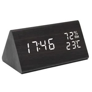 Fashion Wooden Timer with Temperature Humidity Showing High End 3D Led Night Light Alarm Clock for Bedroom Desk