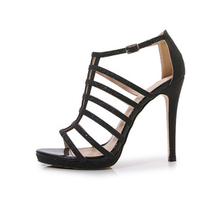 Sandales sexy pour femmes à talons aiguilles extrêmement fins en cuir verni noir avec fermeture éclair, ajourées, pour soirée, grandes tailles - Product Image 6