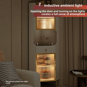 Meuble d'angle moderne avec vitrine haute et étroite, porte en verre, éclairage LED et tiroir, buffet d'angle de luxe - Product Image 5