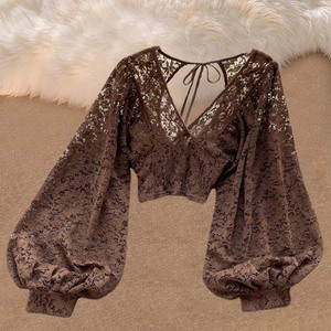 <span class=keywords><strong>Blusa</strong></span> Sexy de Encaje para Mujer, Elegante, Cuello en V, Manga Larga Abullonada, <span class=keywords><strong>Espalda</strong></span> Descubierta, Top Corto, Camisa para Mujer - Product Image 1
