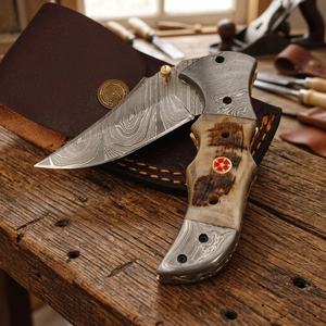 Couteau pliant industriel haut de gamme 7 pouces en acier Damas fait main avec poignée en corne de bélier et bolster en Damas, couteau pliant personnalisé pour l'extérieur - Product Image 3
