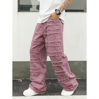 Jean large à jambes larges pour homme, couleur mauve, à volants, délavé, franges multi-couches, denim baggy, streetwear, tendance, pantalon ample, lavage