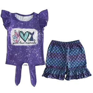 Casual Short Sleeve Purple Fish Scales Black Girls Clothing Sets