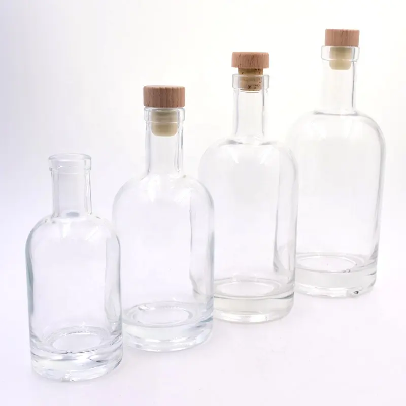 200ml 375ml 500ml 750ml 1000ml transparent round empty flint glass liquor wine Whisky Vodka tequila bottle with sealed cork lid
