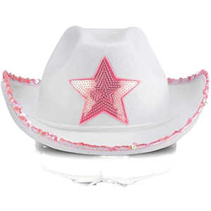 Sombrero de Vaquero Blanco con Lentejuelas Rosas en Forma de Estrella, Correa Ajustable para el Cuello, Accesorio de Disfraz Unisex para Fiestas Temáticas - Product Image 2