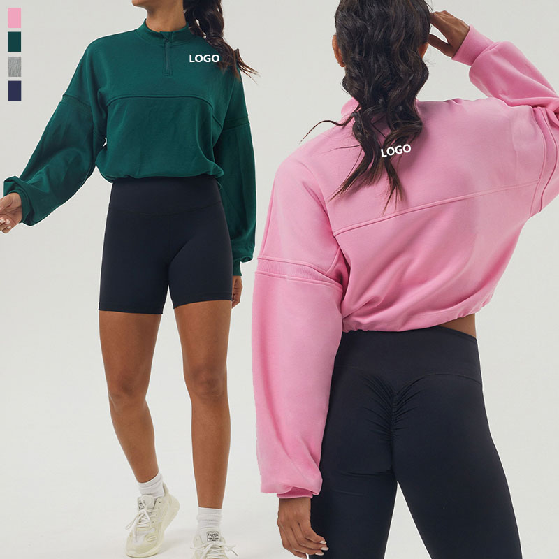 XW-2440 Half Zip Collar Women's Blouse Rib Patchwork Sportswear Plus Size Top Adjustable Hem Fitness Long Sleeve Yoga Hoodie