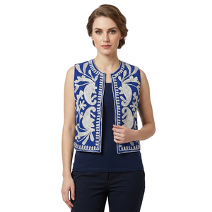 <b>Hippie</b> Bohemian Elegant Blue 100%Cotton Hand Embroidered Vest O-Neck Floral Handwork Pullover Women's Suzani <b>Jacket</b> Spring Wear - Product Image 1
