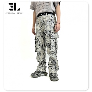 LARSUR Logo personnalisé OEM ODM Jeans empilés pour hommes Jeans jacquard à bords bruts Jeans évasés Pantalons en <span class=keywords><strong>tapisserie</strong></span> délavée pour hommes - Product Image 3