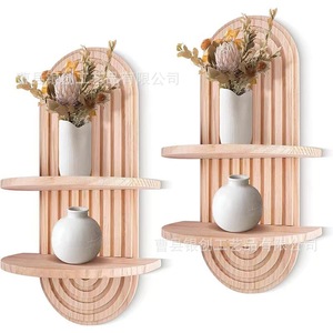 Wooden <b>Wall</b> <b>Mounted</b> <b>Shelf</b> Arched Design 2 Tier Solid Wood Storage Rack For Living Room Kitchen Bathroom Decor - Product Image 1
