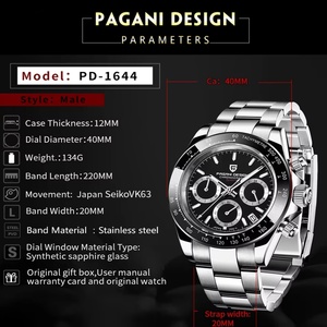 Reloj de Pulsera Pagani Design 1644 para Hombre, Cronógrafo de Cuarzo, Acero Inoxidable con Diamantes, Oro Rosa - Product Image 4