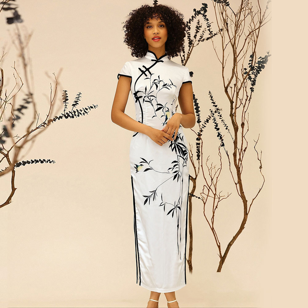 Black Sugar Qipao korte lange jurk met kleine mouwen en drakenpatroon Brokaat Cheongsam tuniek, Goud, 5XL petite