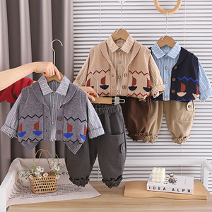 Ensemble trois pièces en coton style coréen pour garçons 2026 : pull, tenue de <span class=keywords><strong>marin</strong></span> et gilet pour bébés garçons et enfants - Product Image 1