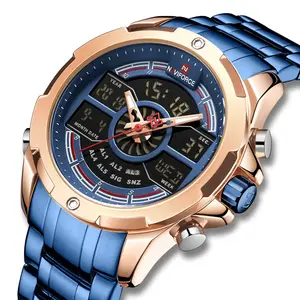 NAVIFORCE jam tangan Led kasual pria, jam tangan kuarsa Digital olahraga fesyen 9170 tampilan ganda rantai baja tahan karat tahan air