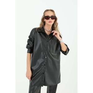 Camisa de Cuero para Mujer, Manga Larga, Estilo Utilitario, Tejido Marrón, para Otoño - Product Image 2