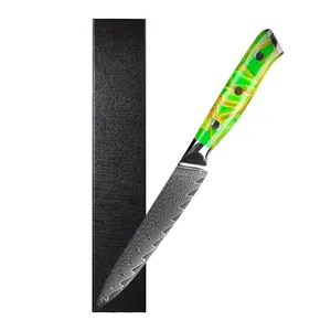 उच्च गुणवत्ता वाला दमिश्क चाकू फुल टैंग यूटिलिटी चाकू 5IN ब्लेड लंबाई रंगीन राल हैंडल के साथ