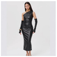 Robe moulante asymétrique sexy en similicuir PU pour femme avec gants, style club et fronces