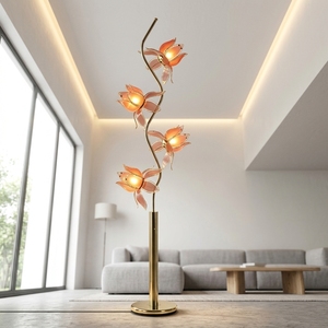 Lampe sur pied LED Lotus classique de luxe moderne avec hauteur réglable, structure en fer, abat-jour en verre rose, design floral élégant pour le salon - Product Image 3