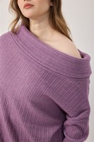 Pull personnalisé pour femme, tricoté à l'ordinateur, automne 2026, vintage, grande taille, style décontracté, col large, épaules dénudées, violet, côtelé, ample