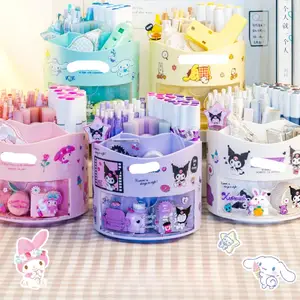 YuBon Kuromi Rotating Pen Holder Storage Box Desk Kawaii Cinnamoroll Melody with Stickers Cute Stationery Storage for Girls gift