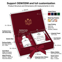 Boîte d'emballage de parfum de luxe en velours bordeaux avec logo personnalisé, ruban d'invitation en feuille d'or et fermeture pour kit de promotion de parfum en gros