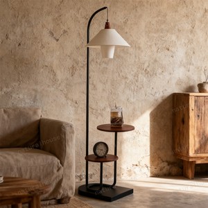 Đèn đứng bằng gỗ và kim loại giá sỉ nhà máy, có kệ và chụp đèn bằng vải, thích hợp cho phòng khách, phòng ngủ, đầu giường - Product Image 5