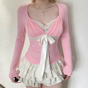 Camiseta de manga larga ajustada con lazo, estilo dulce y femenino, con encaje, patchwork, colores contrastantes, estampado floral y cintura plisada. - Product Image 3