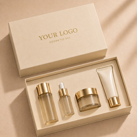 Boîte cadeau rigide magnétique imperméable de luxe beige personnalisée, ensemble de cosmétiques et de soins de la peau, emballage avec logo en feuille d'or, matériaux recyclés, 4 pièces