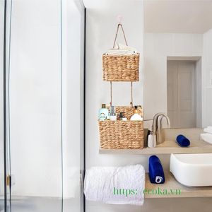 2-Tier Hanging Natural Boho Water Hyacinth <b>Wall</b> <b>Basket</b> Organizer for Entryway, Bathroom from Vietnam - Product Image 5