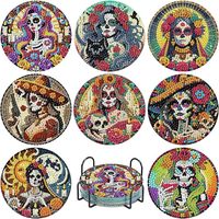 Kit de 8 sous-verres personnalisés pour la Peinture Diamantée Thème Jour des Morts, motif Crâne de Sucre et Fille Mexicaine, en acrylique avec gemmes, avec support en fer