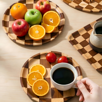 Runde und Quadratische Karierte Servierplatte aus Massivem Akazienholz für Snacks, Obst und Tee, Hitzebeständiges Küchen-Serviertablett