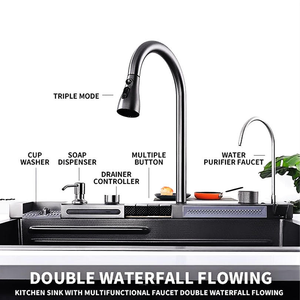 Fregadero de cocina de un solo seno de acero inoxidable 304 multifunción con cascada, accesorios completos, tabla de cortar, cesta y kit de grifo extraíble - Product Image 5