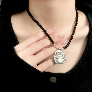 Collar de Plata de Ley 925 con Colgante de Buda Maitreya y Ágata Negra, Estilo Chino, para Uso Diario, Cadena para Clavícula - Product Image 1