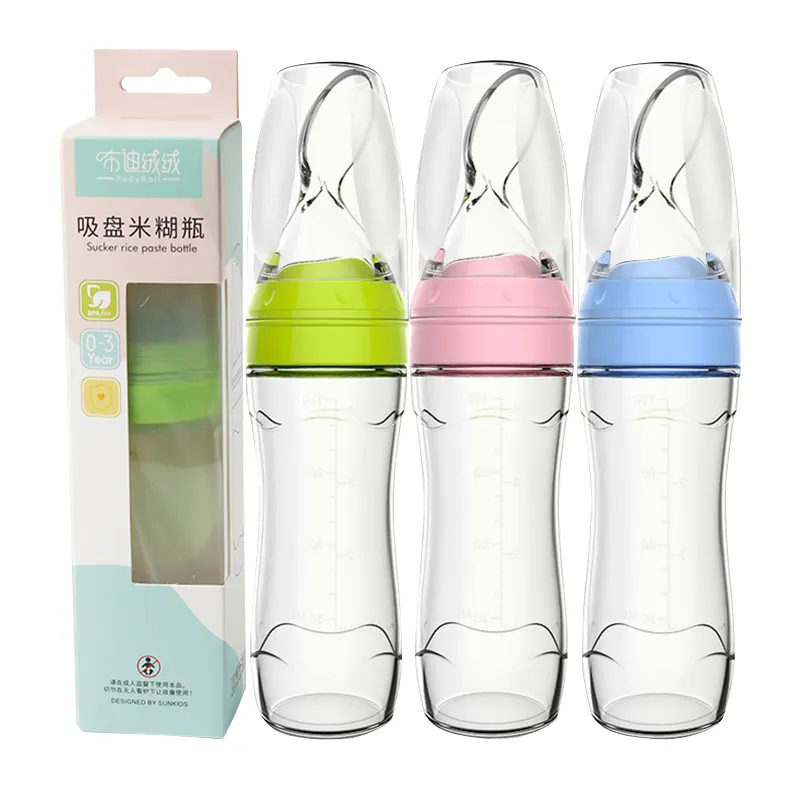 Baby Silicone squeeze feeding spoon Training Kids Set Baby Feeding Bottle Feeder With Spoon
